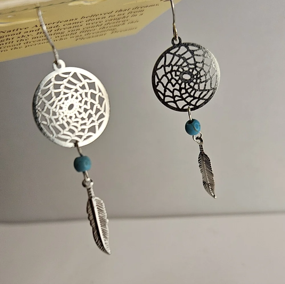 Dream Catcher Earrings Silver Round Blue Bead Feather - Picture 2 of 4